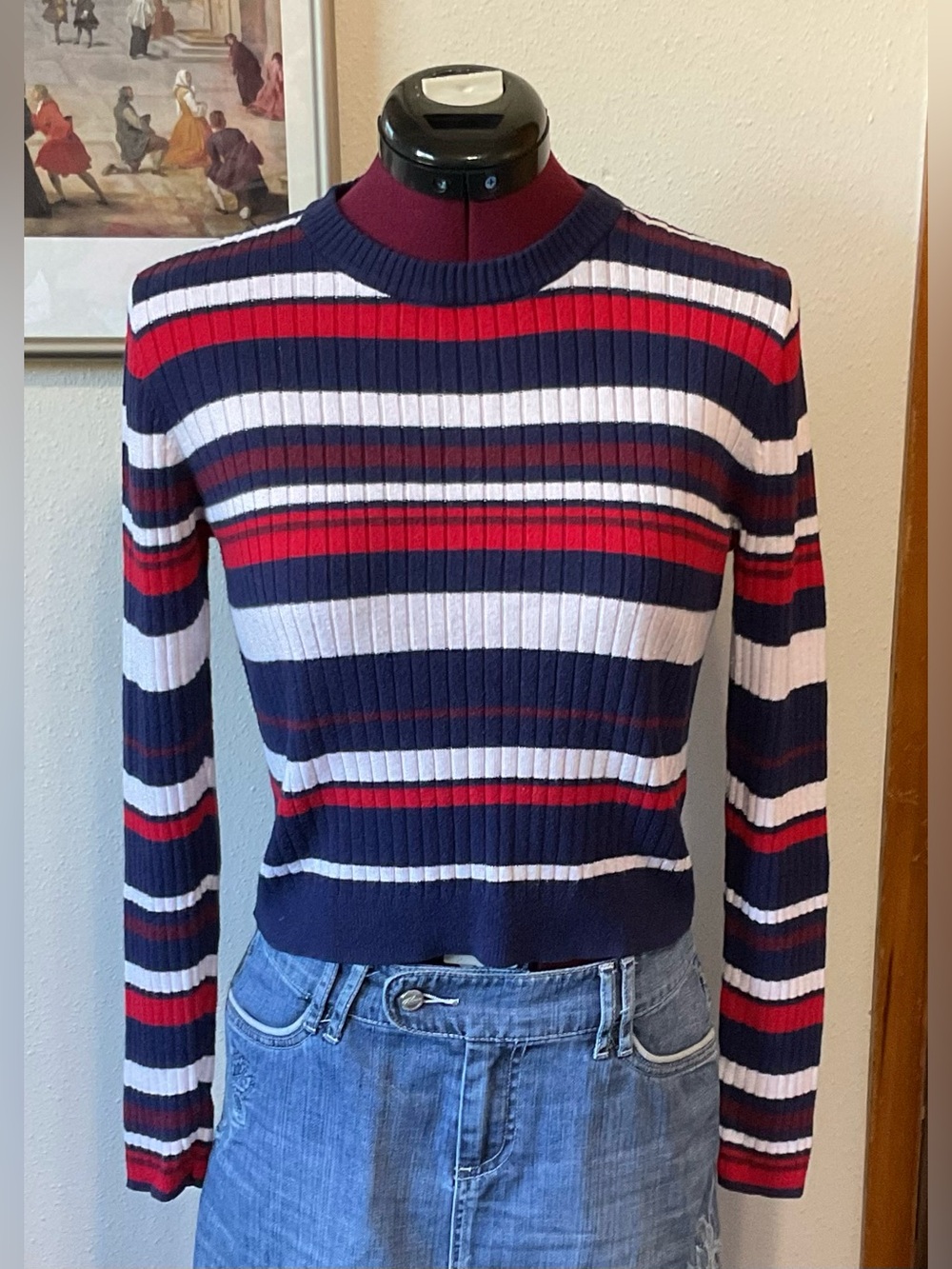 Striped Rib-Knit Long Sleeve Sweater